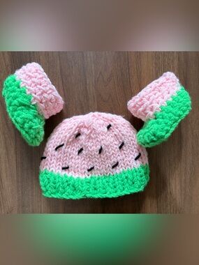 New Handmade Pink & Green Watermelon Knit Baby Hat and Booties